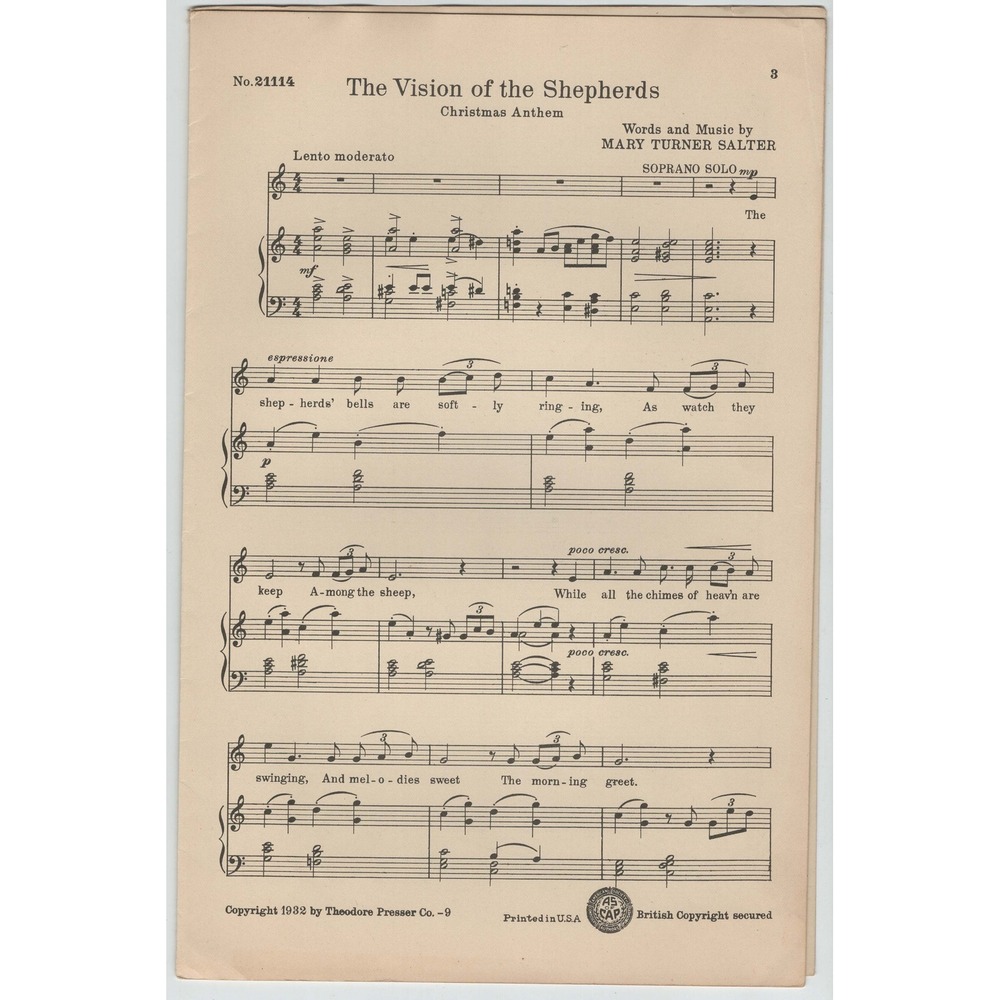 1932 The Vision of the Shepherds Sheet Music Mary Turner Salter Christmas Anthem - Picture 2 of 2